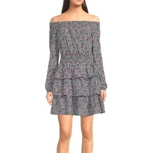 Michael Kors Ditsy Floral Off Shoulder Dress Smocked Tiered Ruffle Long Sleeve S